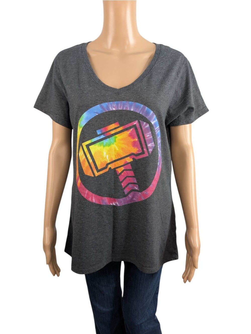 Marvel Thor Mjolnir Hammer Tie-Dye Logo V-Neck T-Shirt L